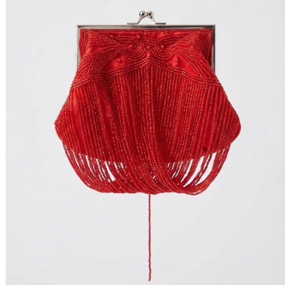Flawed Gem! Bijoux Terner Red Satin Beaded Fringe Kiss Lock Evening Clutch Bag